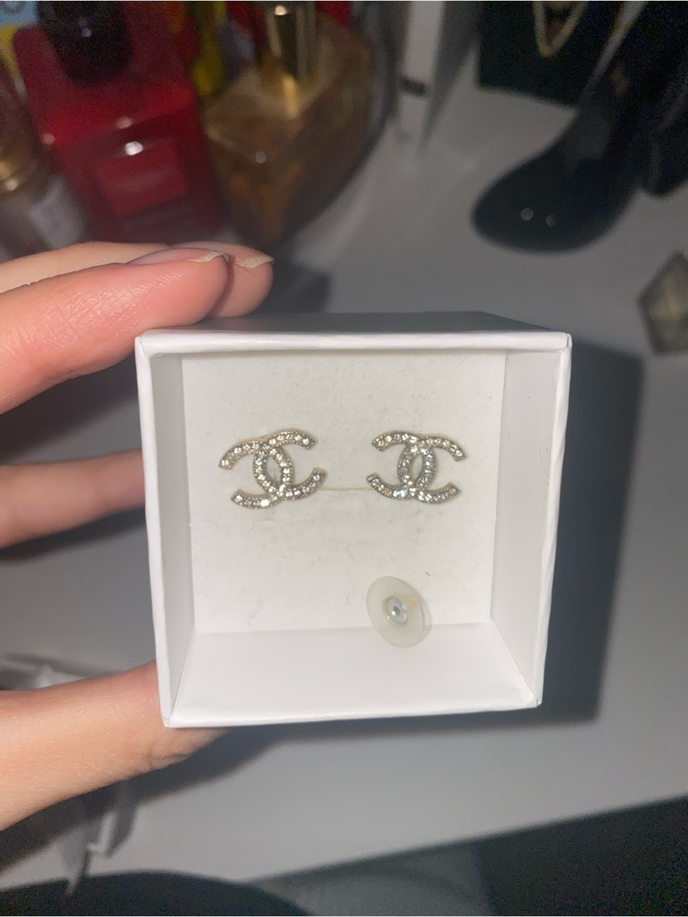 CHANEL Gold Double C Crystal Logo Stud Earrings